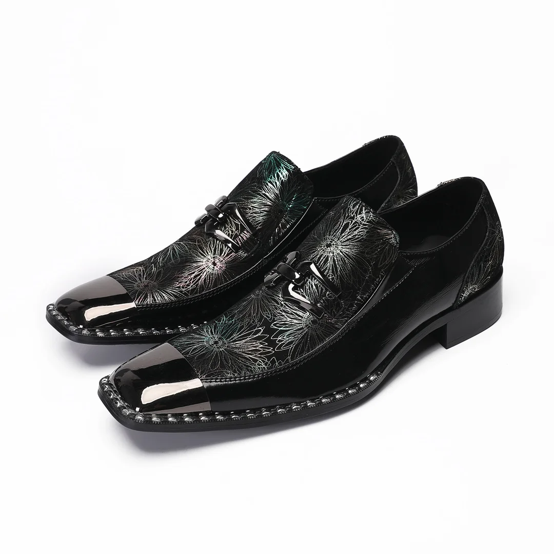 Men's Le Fu shoes snake skin men's real leather shoes printed square head metal buckle wedding business dress