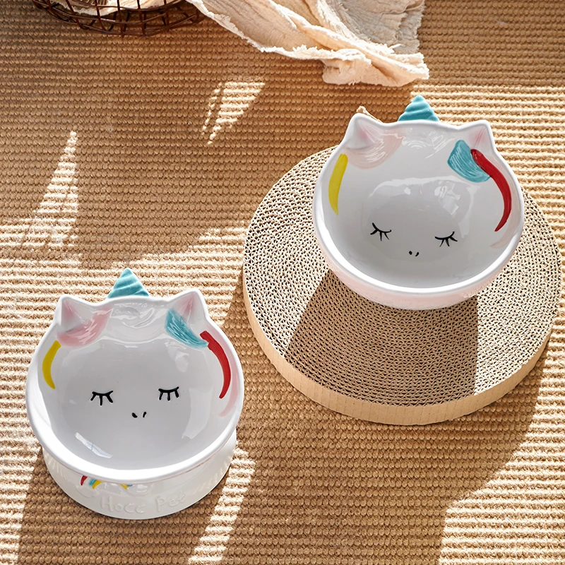 Unicorn cat bowl ceramic protection cervical spine drinking and foof bowl oblique mouth cat food basin high foot