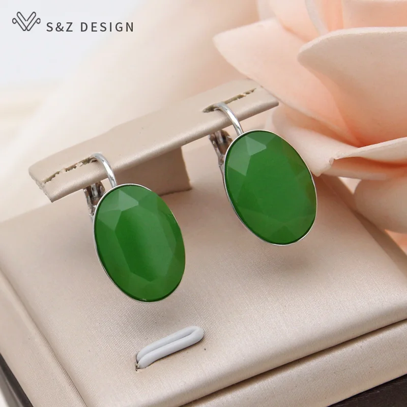 S&Z DESIGN New Fashion Oval Vintage Egg Shape Imitation Jade Glass Dangle Earrings For Women Wedding 585 Rose Gold Color Jewelry