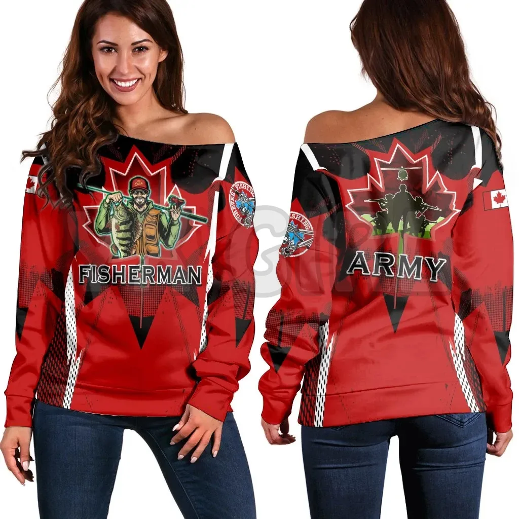YX GIRL Canada Women's Off Shoulder Sweater Police Job  3D Printed Novelty Women Casual Long Sleeve Sweater Pullover