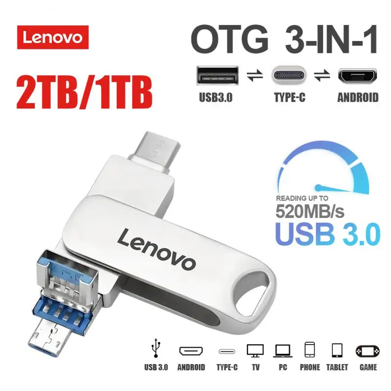 

Lenovo 2TB Flash Drive 3 In 1 High Speed Pendrive 128GB 256GB 512GB 1TB USB 3.0 Type-c Waterproof USB Stick OTG USB Memory