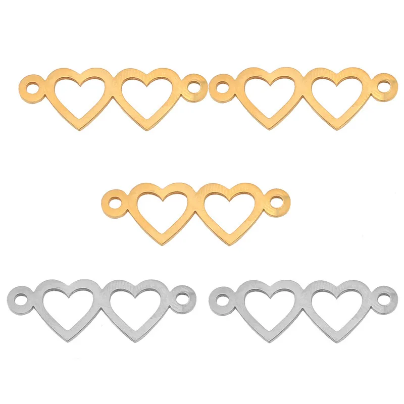 Stainless Steel Gold Double Heart Charm High Quality Connector for Bracelet Necklace Hollow Pendants Diy Jewelry Making 4