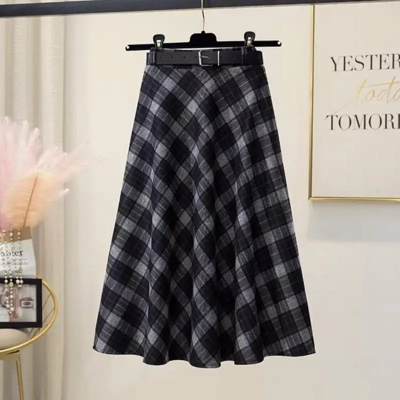 

Skirts For Elegant Women Fashion Vintage Women's Autumn And Winter Woolen Plaid High Waisted Skirt Woman Clothing Midi Skirt