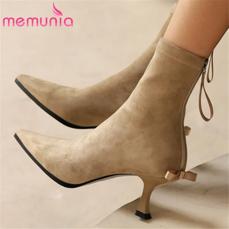 

MEMUNIA 2023 New Pointed Toe Stretch Fabric Boots Women Sexy Ladies Zipper Ankle Boots Thin Med Heels Winter Boots