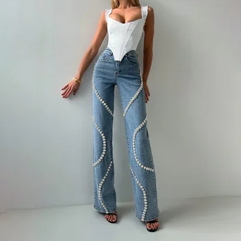 Design Surrounds Rhinestone Jeans for Women Autumn 2024 New Niche Loose Straight Pants Fashionable Casual and Versatile Trousers 1