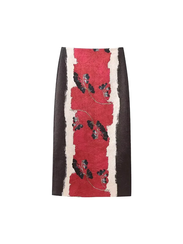 

Women 2023 Winter New Fashion Flower Printing Straight Tube Midi Skirt Vintage High Waist Back Zipper Female Skirts Mujer