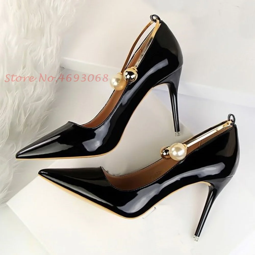 Pearl Patent Leather Pumps For Women Sexy Pointy Toe Super High Thin Heels Party Spring Shoes 2022 Women Office Ladies Pumps