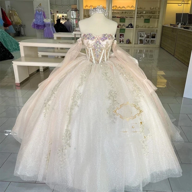 

ANGELSBRIDEP Champagne Glitter Ball Gown 15 Year Old Quinceanera Dresses Princess Tulle Appliques Sweetheart Birthday Party Gown