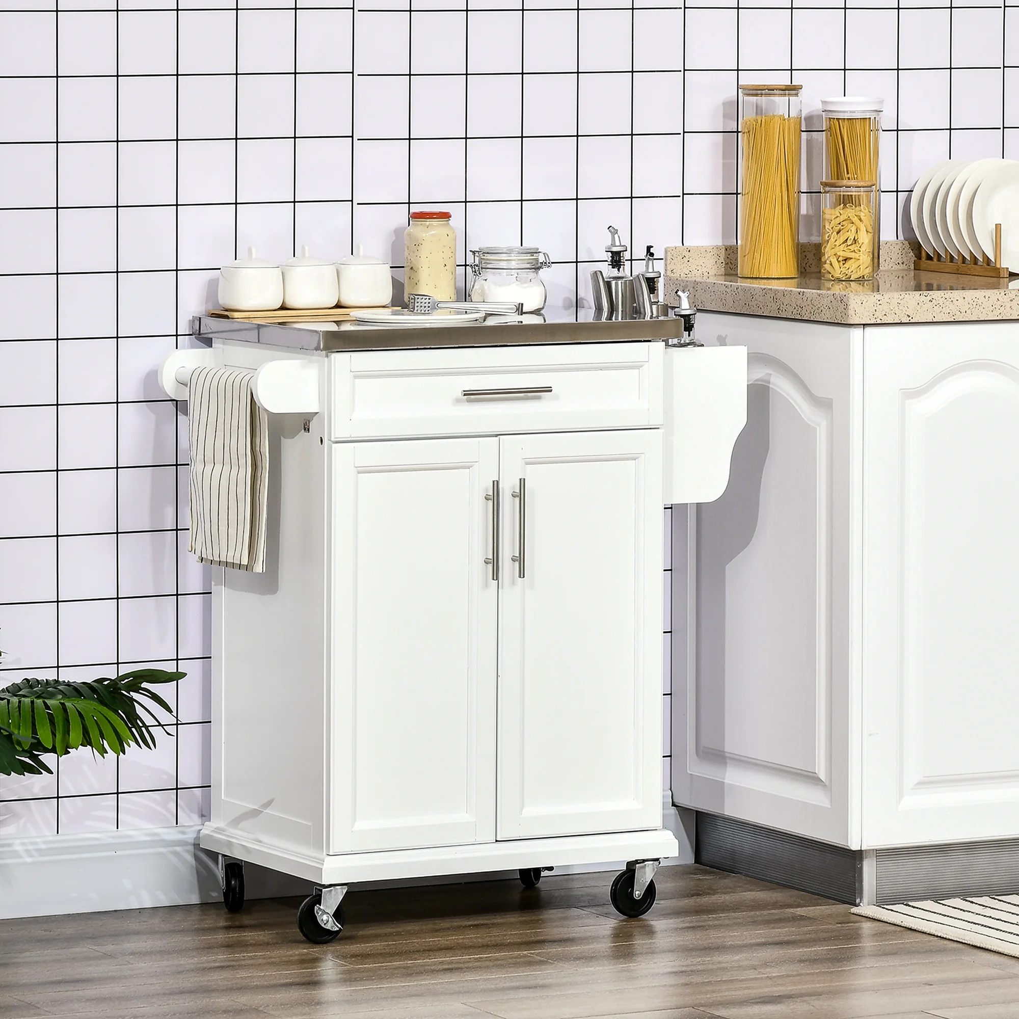 Wood Kitchen Island Cart Storage Box Cabinet Drawer Trolley w/ Stainless Steel