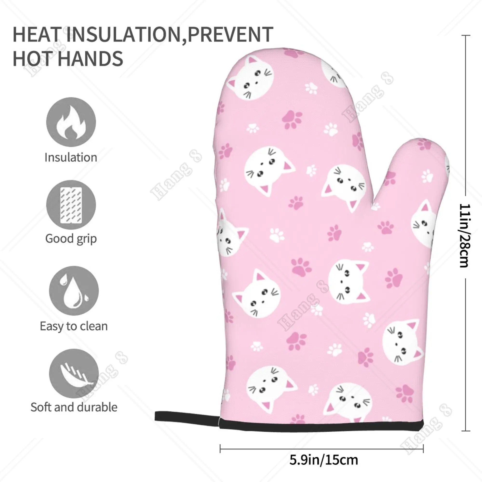 Pink Cat Cute Cartoon Oven Mitts Kitchen Gloves 2PC for Girls Women Heat Resistant Print Polyester Waterproof Cooking Baking