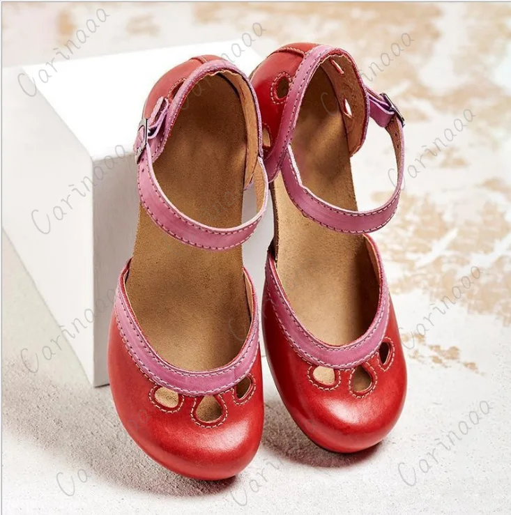 Women Summer Mid Heel Hollow Out Casual Sandals Elegant Retro Ladies Pumps Ankle Color Block Buckle Straps for women sandals