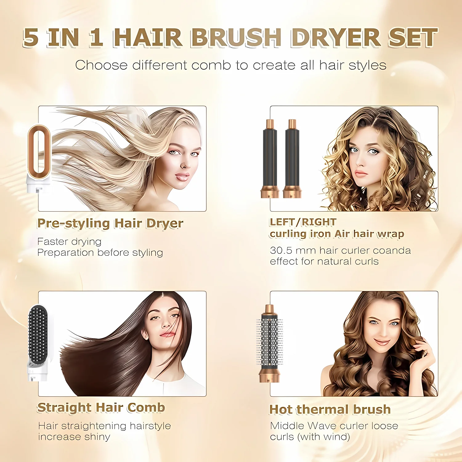 5 In 1 Electric Hair Brush Hair Dryer For Dyson Airwrap Automatic Curler Hair Straightener Hot Air Comb Hairdressing Appliance 2