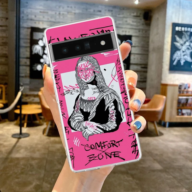 Graffiti-Inspired Art Aesthetic Clear Phone Case Featuring David & Mona Lisa
