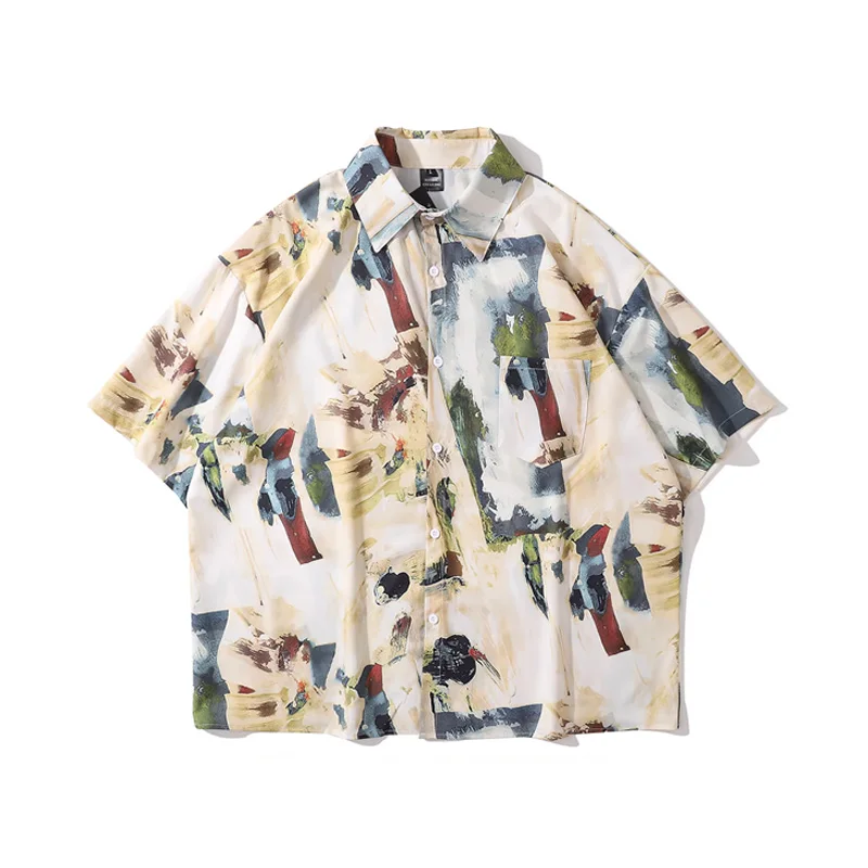 

Vintage Oil Painting Printing Short Sleeved Shirt Loose Casual Couple Shirts for Men and Women