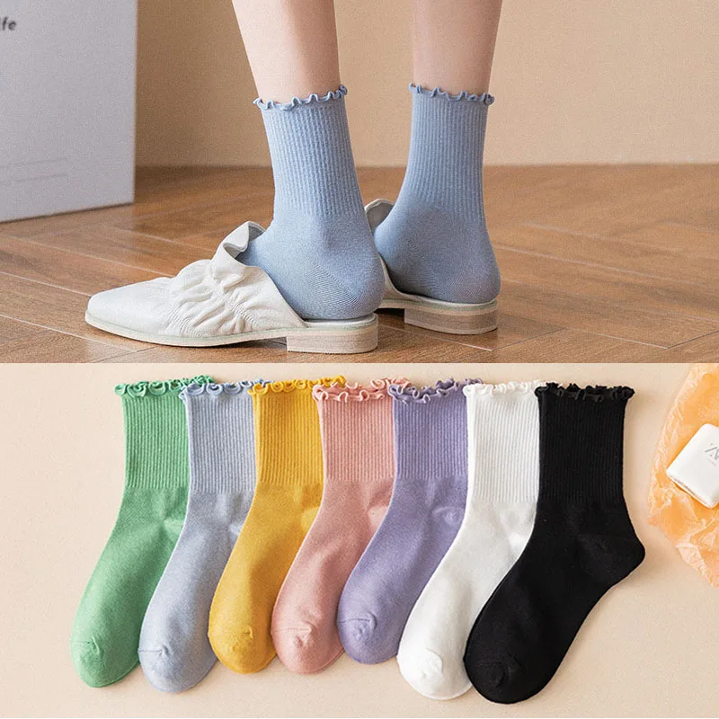 

5 Pairs Women Frilly Ruffle Socks Lolita Style Japanese Maiden Cute Kawaii Cotton Harajuku Princess Crew White Socks Calcetines