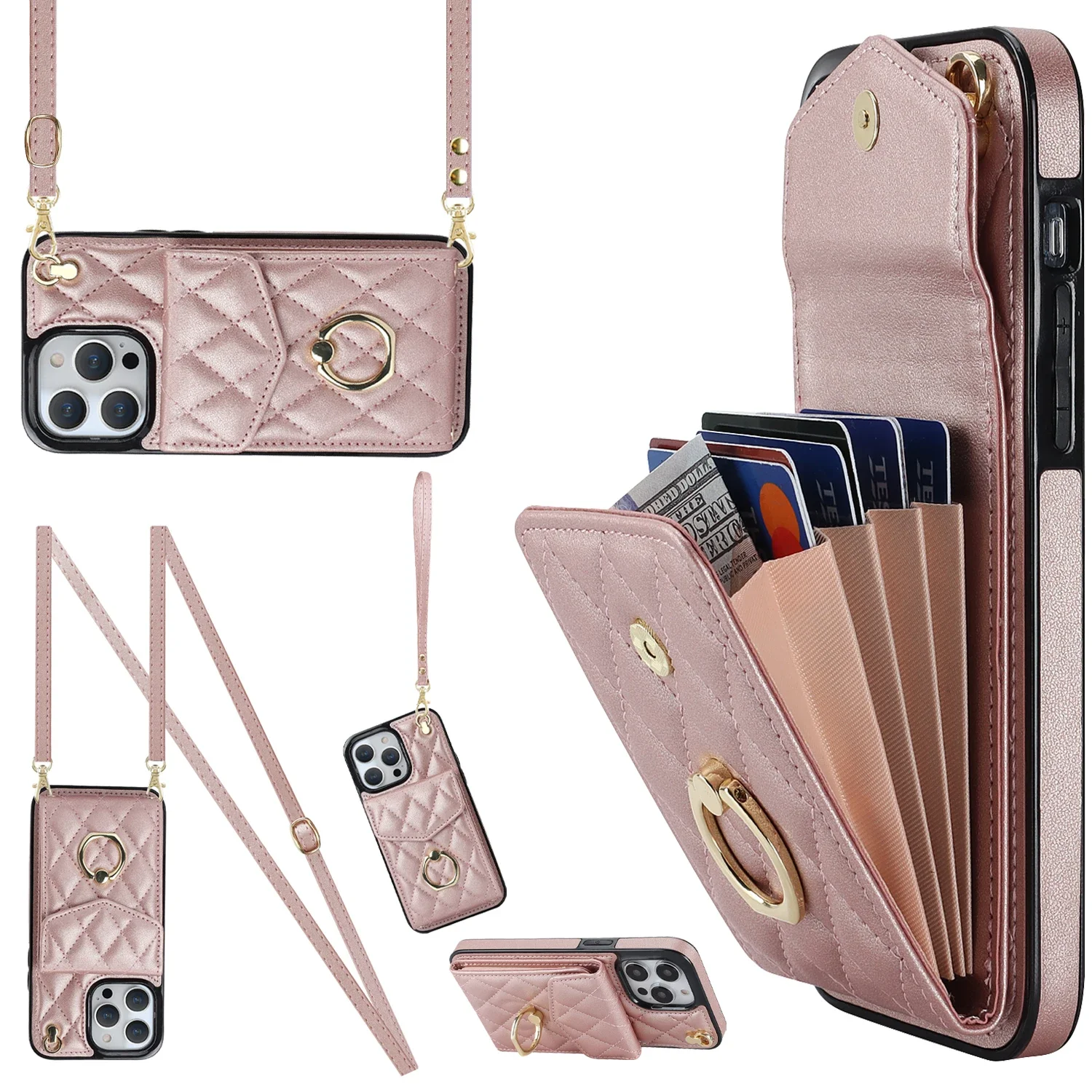 

Crossbody Lanyard Ring Holder Leather Case for iPhone 13 14 15 Pro Max 12 11 XS Max X XR 8 7 Plus Multi Card Slot Wallet Cover