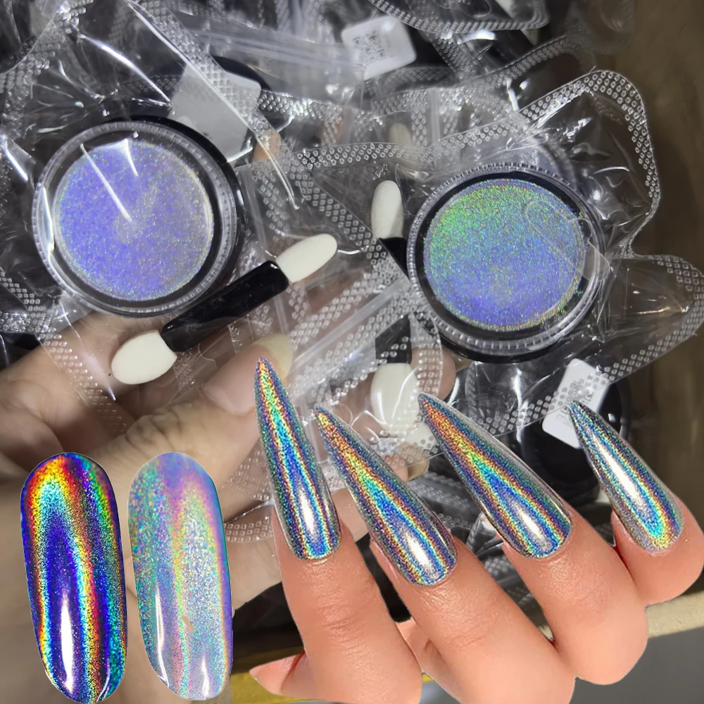 1Box Holographic Laser Chrome Nail Glitter Powder Rainbow Unicorn Mirror Effect Pigment Nail Rubbing Dust with Sponge Applicator