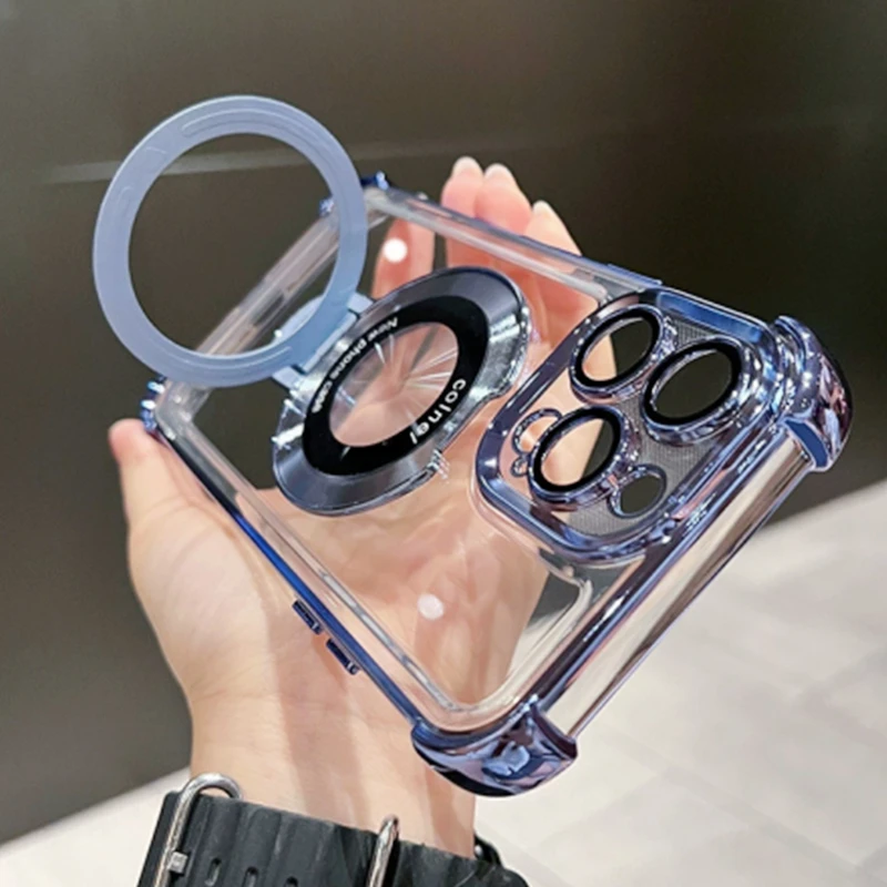 Fashion Plating Magnetic Bracket Case for iPhone 17 16 15 14 13 12 Pro Max Case With Holder Stand Shockproof Cover for Magsafe 1