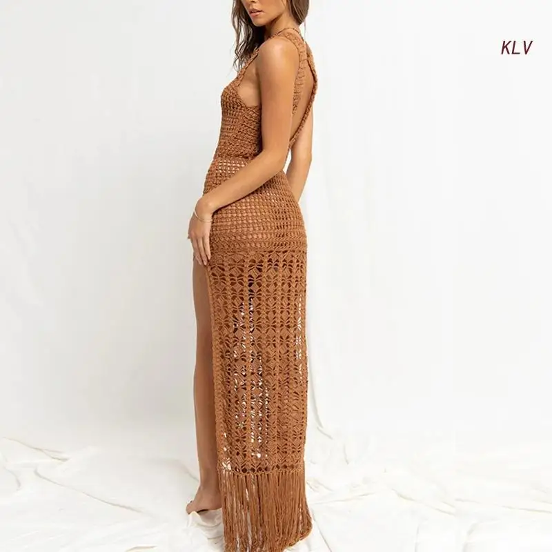 Womens Swimsuit Sunscreen Cover-Ups Tassel Long Sleeve Beachwear Dress Hollow Out Beachwear Shawl Vacation Bikinis Cover 3