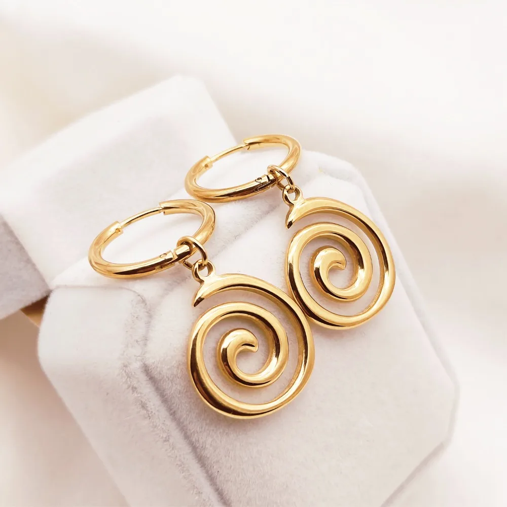 Stainless Steel Twist Spiral Vortex Pendant Earrings for Women Finely Polished 18K Gold Plated Waterproof Hypoallergenic Jewelry
