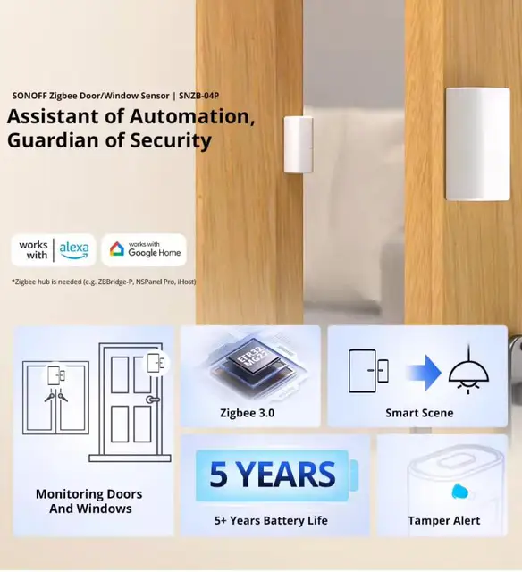 SONOFF SNZB-04P Zigbee Door Window Sensor Local Smart Scene Linkage Tamper Alert Home Security Works with Alexa Google Alice 2