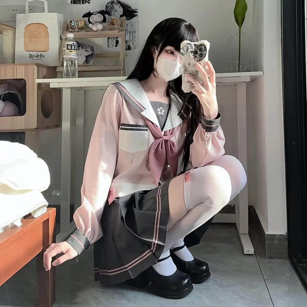 JK Short Skirt Suit Girls Long Sleeve Navy Collar Bow Collegiate Style Sailor Clothes Goldfish Bow Tie