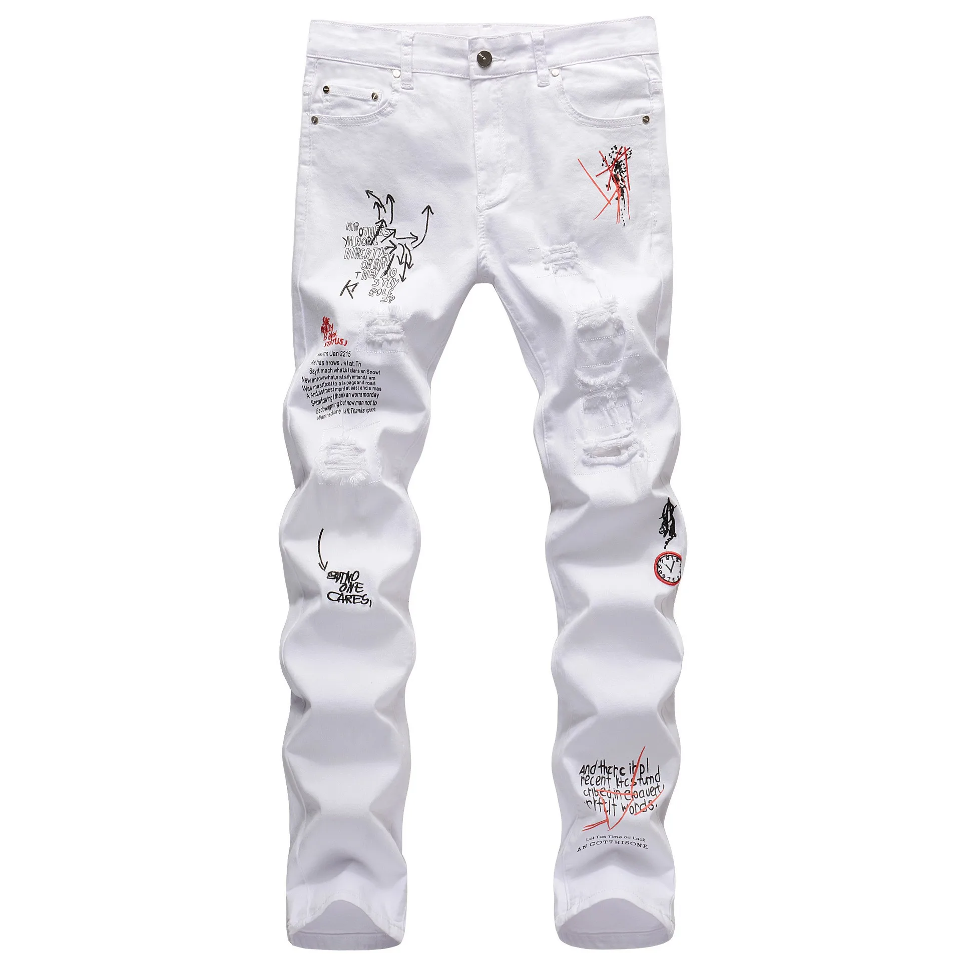 White Embroidery Jeans Men Cotton Stretchy Ripped Straight Jeans High