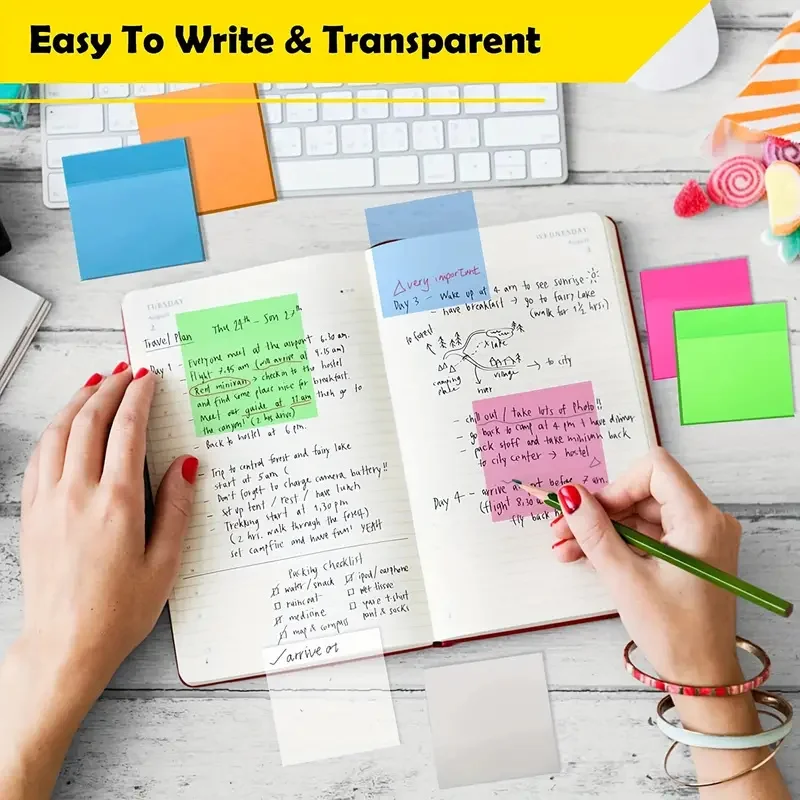 Vibrant Waterproof Transparent Sticky Note Pads - 50 Sheets of Self-Adhesive Memo Notes