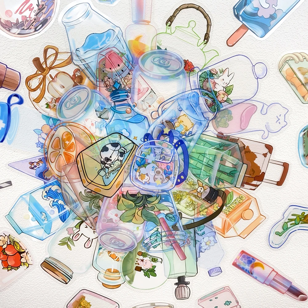 50 stücke Transparente Objekte PET Aufkleber Aufkleber Für Laptop Notebook Skateboard Gitarre Helm DIY Cartoon Ästhetische Aufkleber
