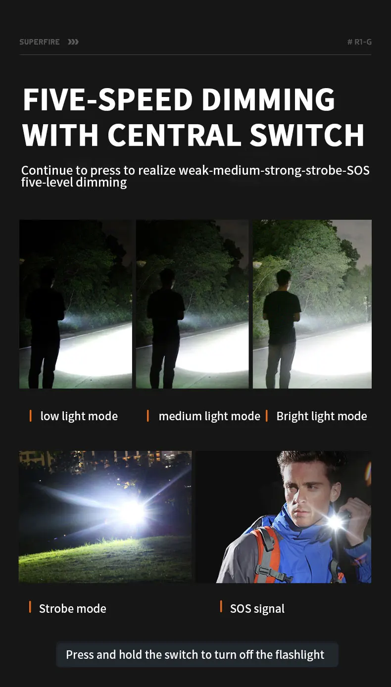 SUPERFIRE R1-G 36W Hochleistungs-LED-Taschenlampe mit Zoom, Typ-C wiederaufladbar, tragbare Taschenlampe 26650 für Camping – Detail 7