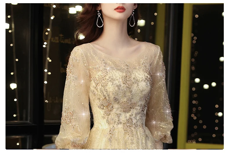 Gold Evening Dresses With Long Sleeves Elegant O-Neck A-Line Floor-Length Luxury Appliques Sequined Tulle Women Wedding Party gold evening gowns