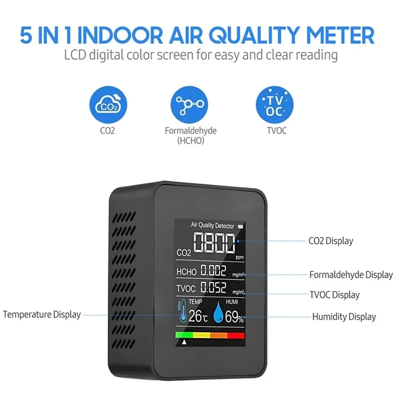 Multifunctional 5in1 CO2 Meter Digital Temperature Humidity Tester Carbon Dioxide TVOC HCHO Detector Air quality Monitor carbon dioxide detector