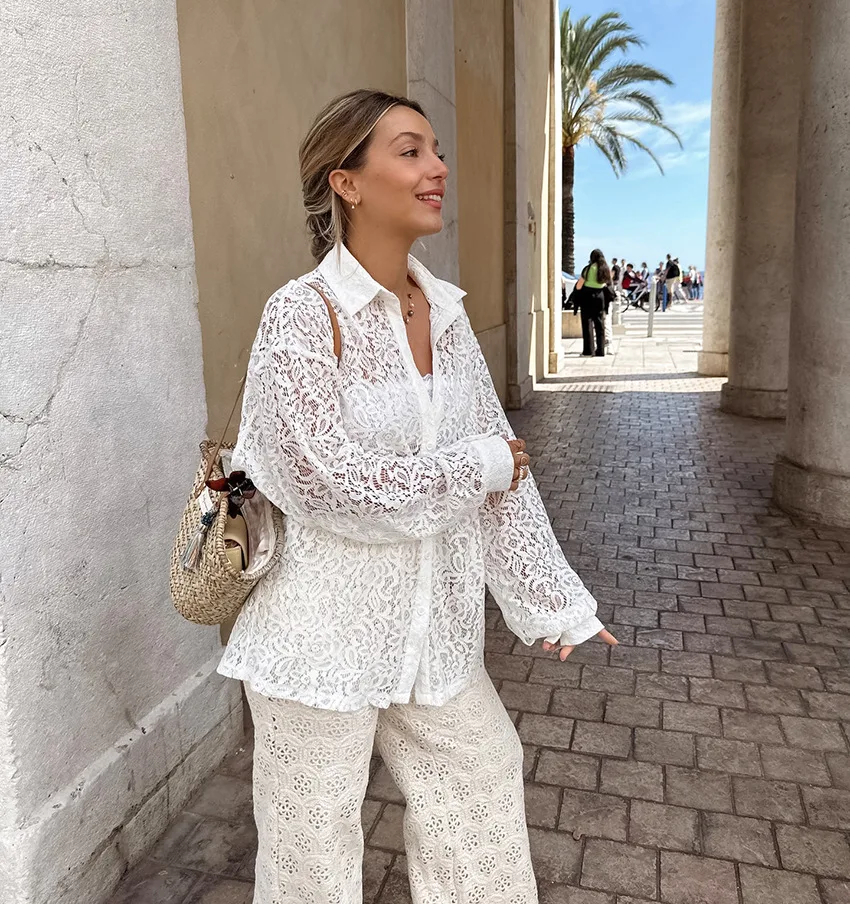 Hollow Out Printed Loose Shirts For Women Fashion Patchwork Lace See-Through Summer Top Long Sleeve Female Casual Blouse