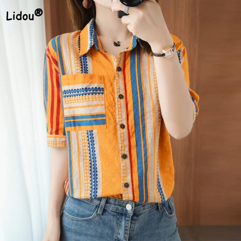 Womens New Summer Striped Printed Blouses Cotton Linen Button Patchwork Pockets Turn-down Collar Distressed Short Sleeve Shirt