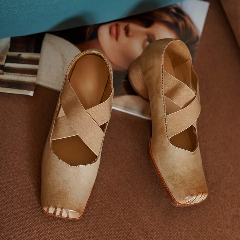 

Туфли женские в ретро стиле, квадратный носок, перекрестная шнуровка, повседневные прогулочные туфли, Воловья кожа, без застежки, винтажные базовые, балетки, размер 40