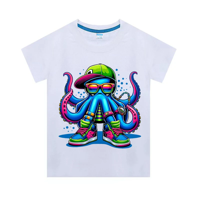 십대 소년 소녀 셔츠, 동물 문어 그래픽 티 셔츠, 반팔 2014, 여름 크루넥 티셔츠, 어린이용 코튼 티 탑