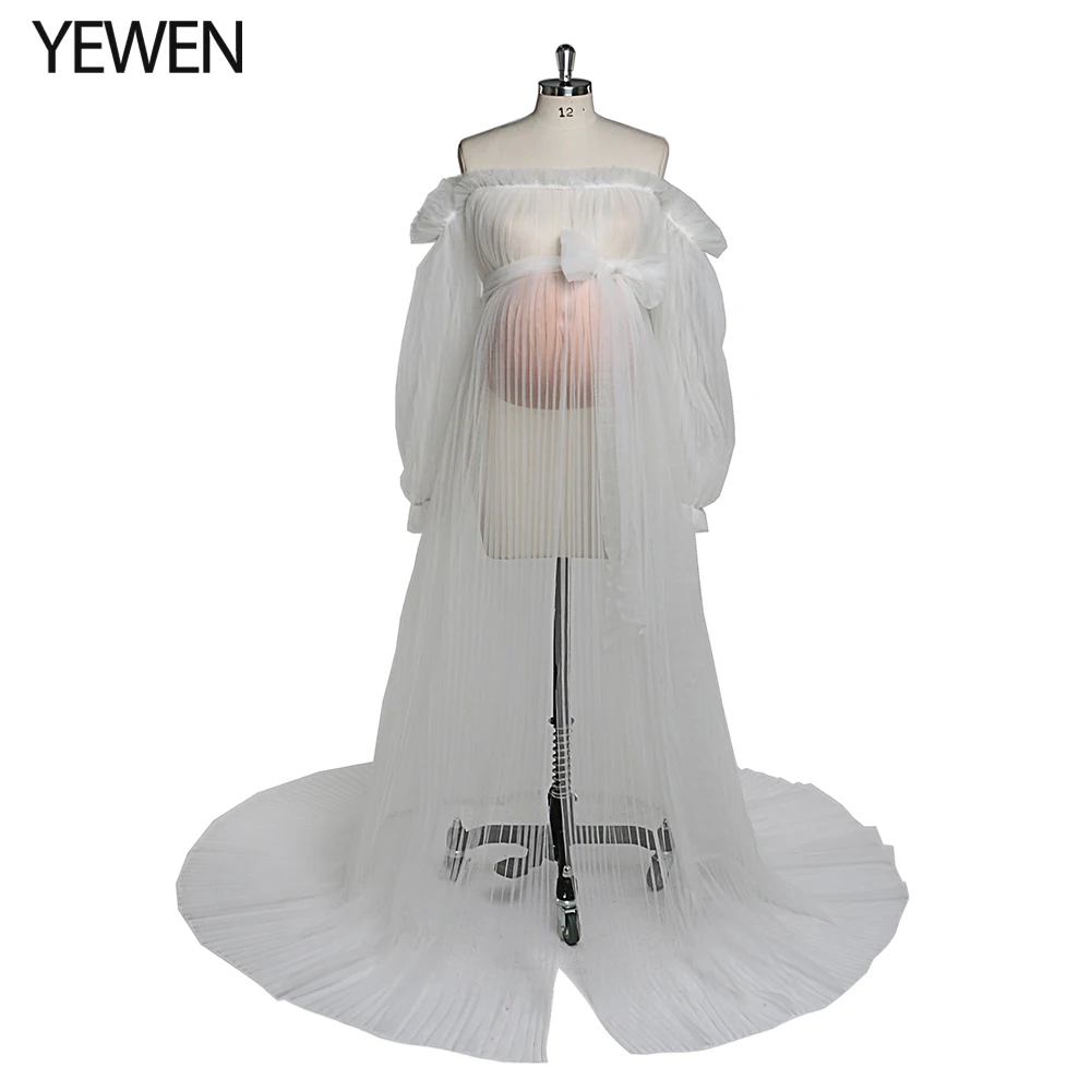 

Sexy See Through Evening Gowns Long Sleeves Tulle Pleated Puffy Sleeve Photography Dress YEWEN