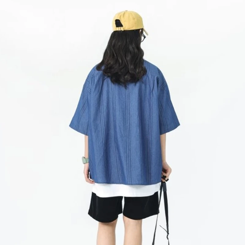 DAYIFUN-Japanese Short Sleeved Shirts for Women Loose Casual Retro Striped Blouses Female Work Jackets Lapel Tops Summer Tees