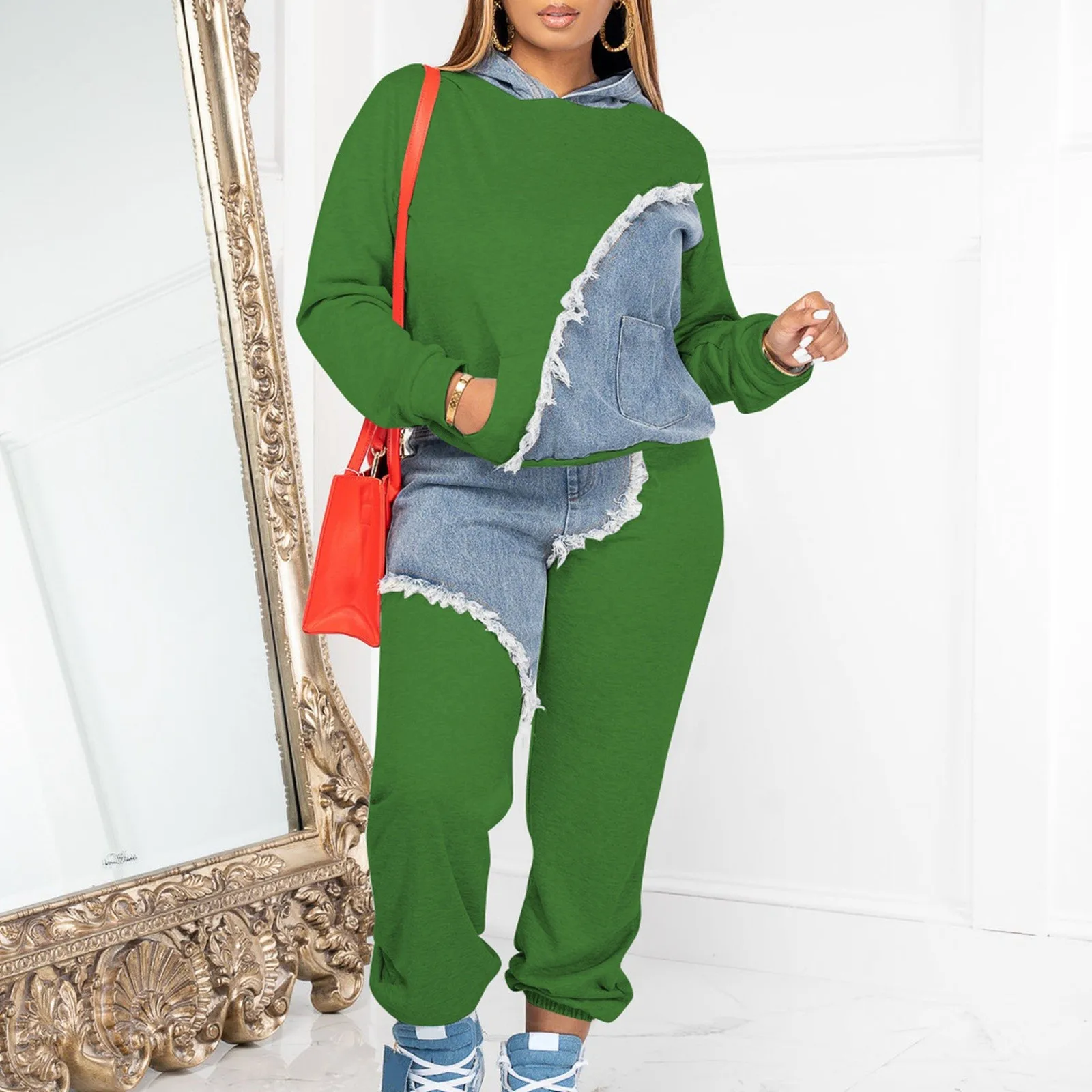 

Fashion Patchwork 2 Piece Set Women Tracksuit Hooded Sweatshirt+ Leg Pants Streetwear Winter Warm Trousers Suit Female Outfit