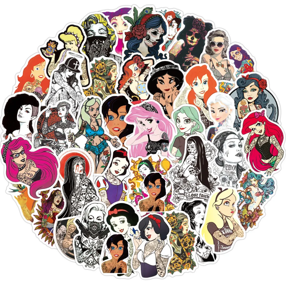 

10/30/50pcs Disney Gothic Tattooed Anime Princess Stickers Cartoon Decals Toys DIY Phone Stationery Diary Cool Graffiti Sticker