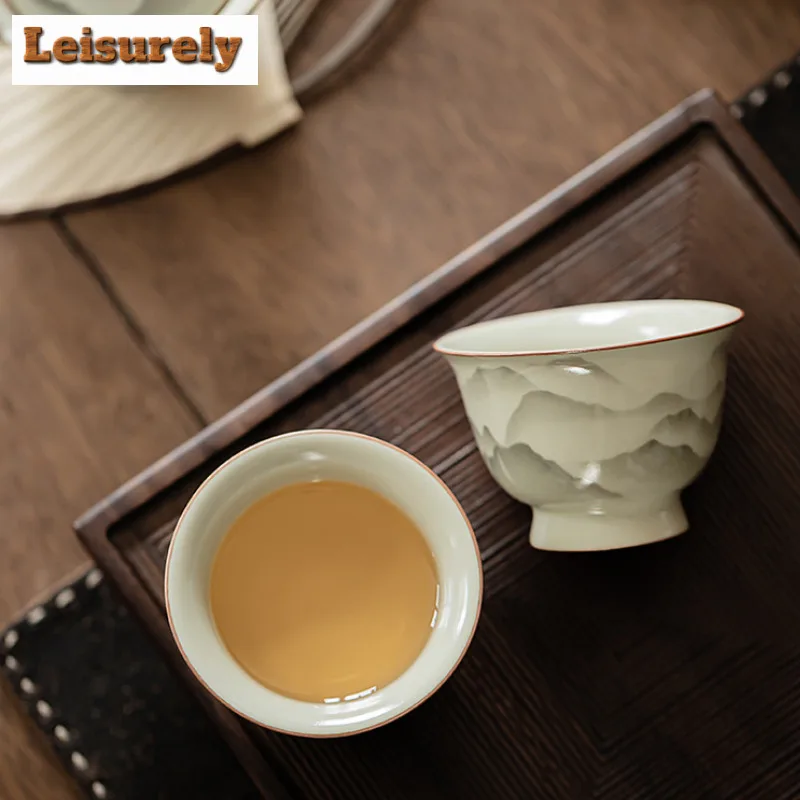 2pc/lot Mountain Flower Ru Kiln Porcelain Teacup Elegant Tea Bowl Set Of Cups Fragrance Cup Chazhan Teaware Supplies Craft 70ML