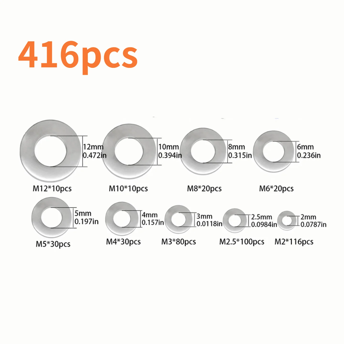 High-Quality Stainless Steel Washers Assortment Kit – Versatile Metal Washers for Industrial Use (206/416 Pieces, 9 Sizes)
