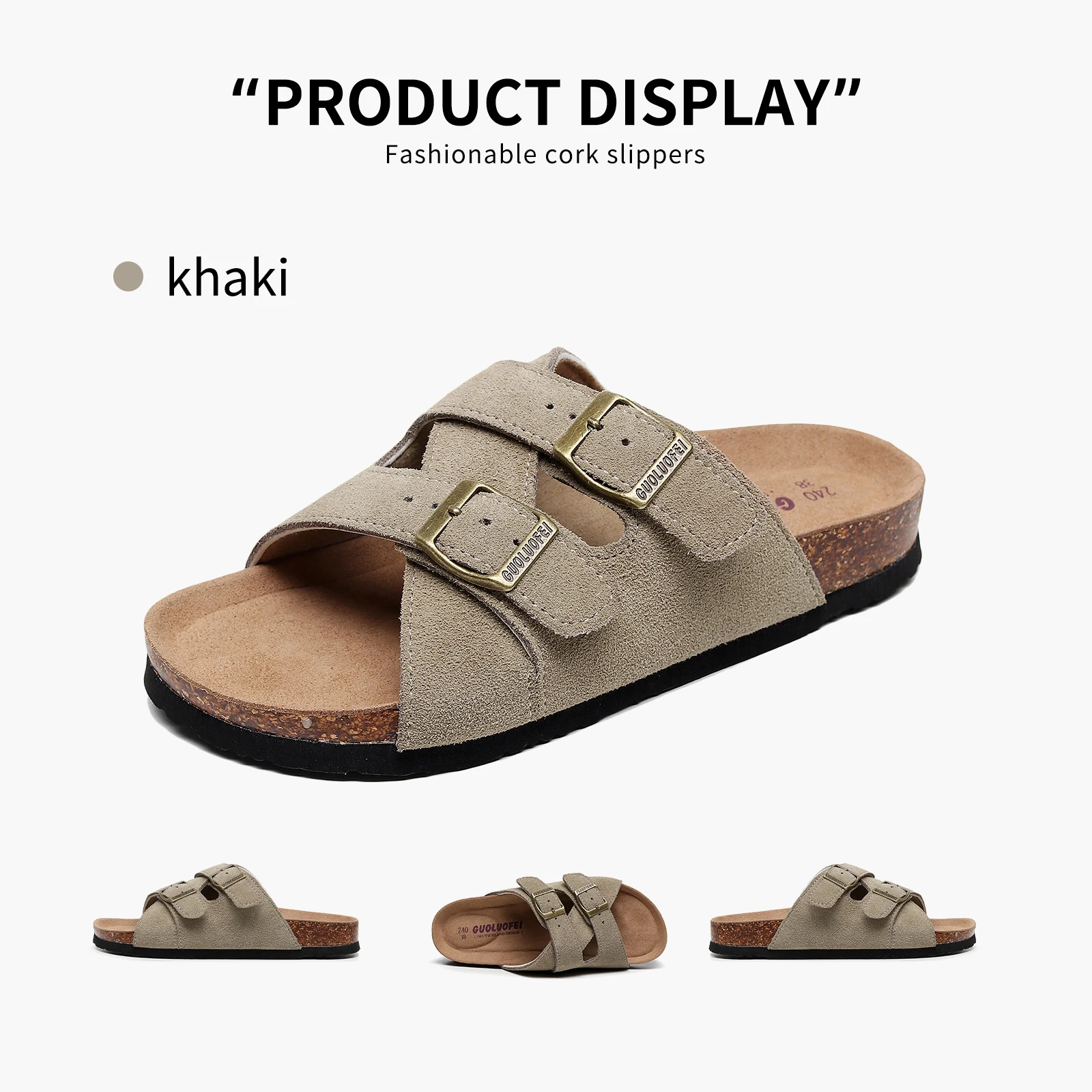 Birken New Arizona Cork Slippers Womens Flat Sandals with Cork Footbed, Open Toe Slides Adjustable Slip On Slippers for Summer