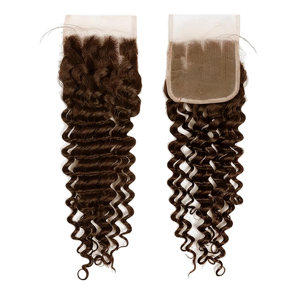 4# Chocolate Brown Deep Wave 4x4 Lace Closure Transparent Swiss Lace Brazilian Human Hair Extensions Pre-Plucked With Baby Hair 5