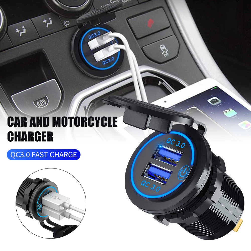 

Car Charger DC12V/24V Quick Car Charger Dual USB Fast Charging Adapter with Dust Cover Switch for Car Motorcycle RV Yacht Ship