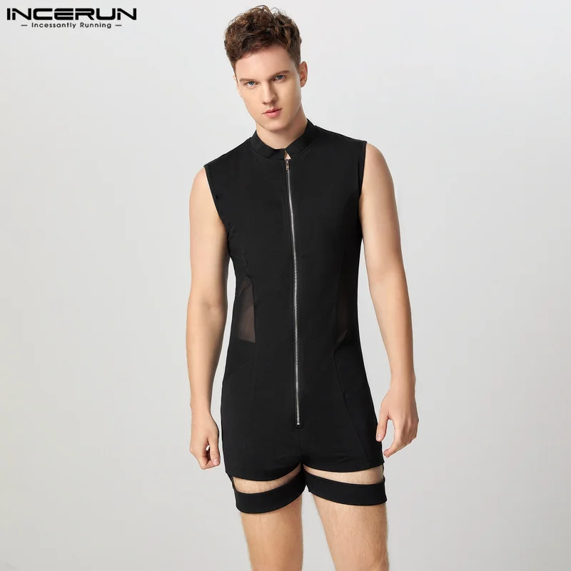INCERUN American Style Homewear Men's Sexy Casual Zipper Design Jumpsuits Solid Thin Comfortable Sleeveless Bodysuits S-5XL