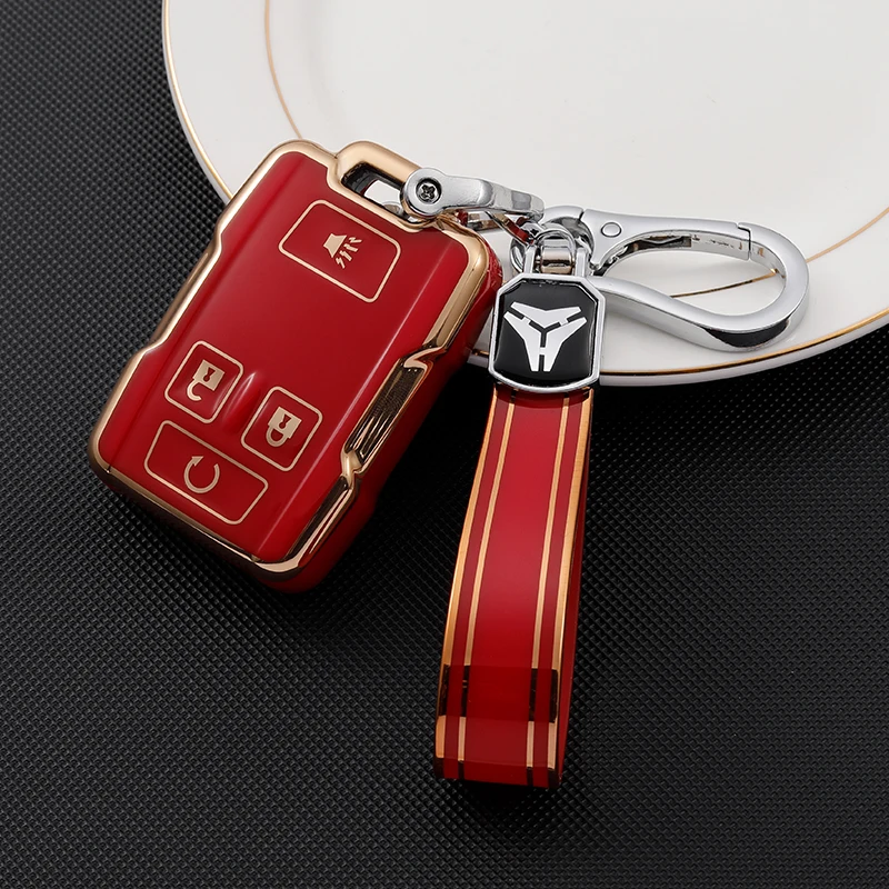 TPU Key Fob Cover For GMC Sierra, Terrain, Acadia, Yukon - Leather Keychain, Red
