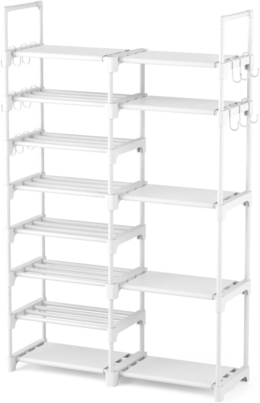 Shoe Rack Organizer, 8-Tier Metal Shoe Rack for Closet Entryway Garage, 26-32 Pairs Tall Shoe Boot Storage Shelf with 15 Hooks