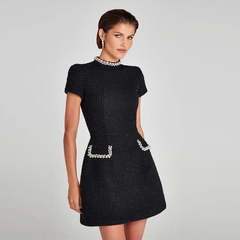 Elegant Tweed Short Party Dress Women Long Sleeve Square Collar Fake Pocket Evening Dresses Autumn Shiny Slim A-line Robes