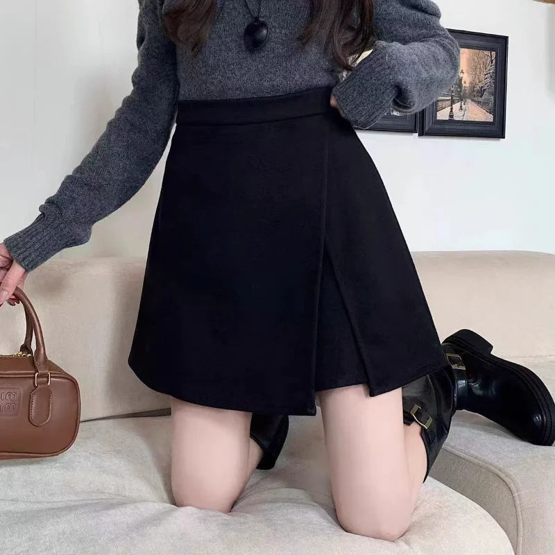 New Chic Design Small Slit Skirt Pants Casual Autumn and Winter Woolen High Waist Slimming A-line All Match Shorts 3